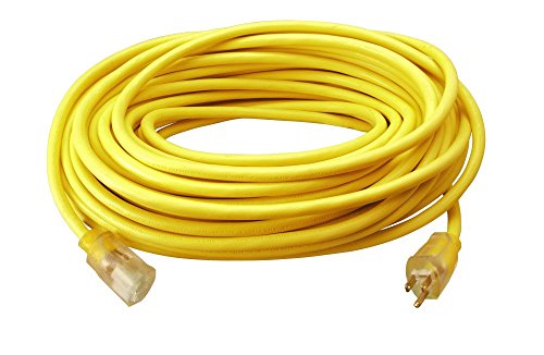 Southwire Outdoor Extension Cord  Durable Vinyl Jacket for For Farm, Ranch & Workshop - Lighted End With Reinforced Blades - SJTW, Yellow - 12 Gauge, 3 Prong - 100 Feet