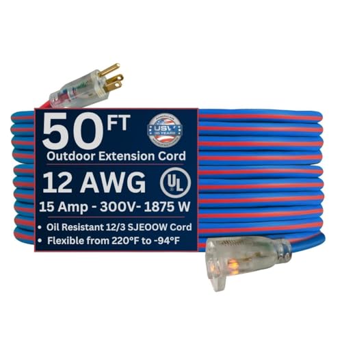US Wire 99050 12/3 50-Foot SJEOW TPE Cold Weather Extension Cord Blue with Lighted Plug
