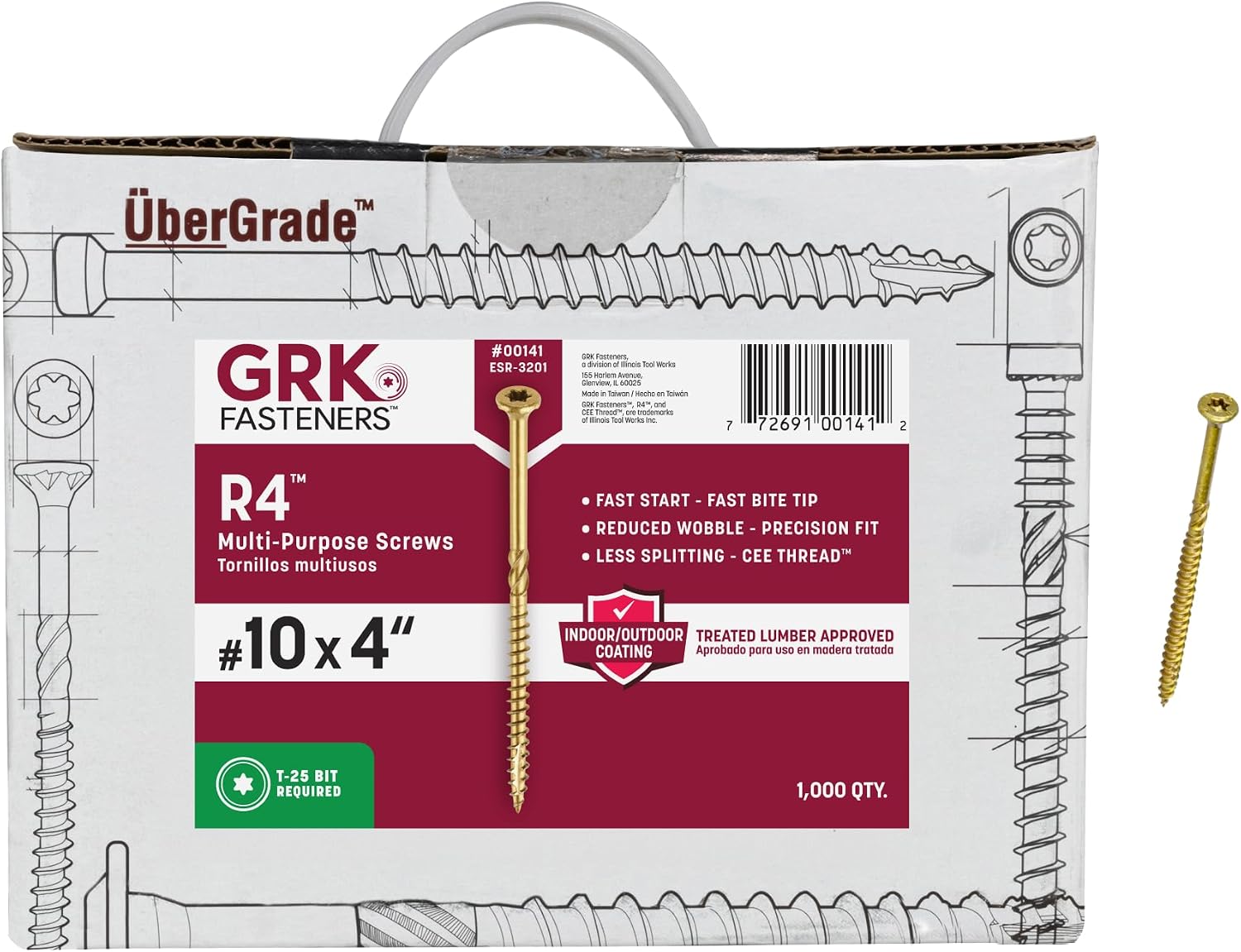 GRK Fasteners R4#10 x 4 Inch, Multi-Purpose Framing Screws, 1000 PCS, Rust Resistant Climatek Coating, Outdoor Fencing and Deck Screws, Fast Bite Tip, Star Drive Recess, Gold
