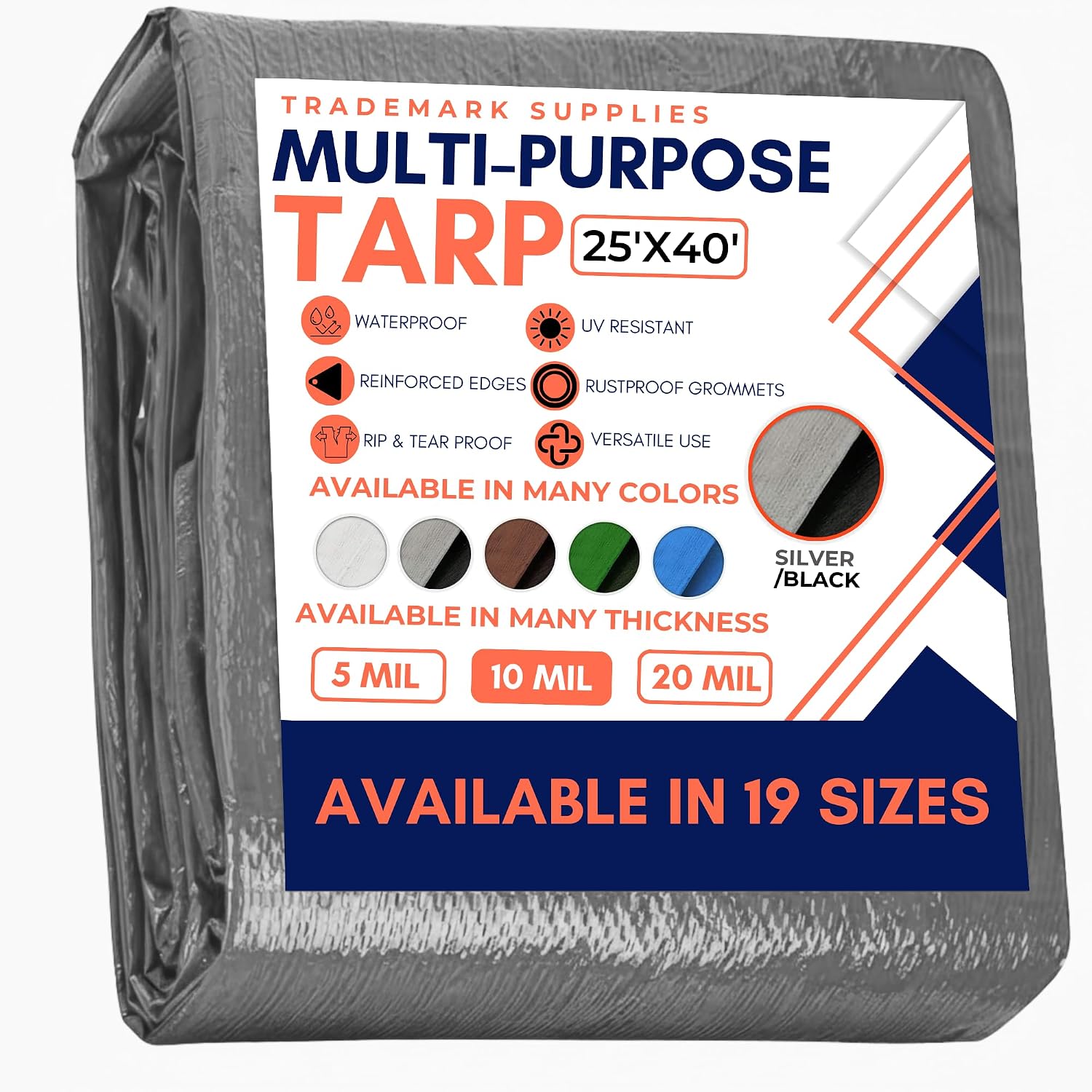 Large Waterproof Tarp - Heavy Duty 10 Mil Thick Poly Tarpaulin Ideal for Canopy Tents, Boats, RV or Pool Covers - Multipurpose Protective Tarps with Grommets for Indoor and Outdoor Use | 25' x 40'