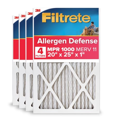 Filtrete 20x25x1 AC Furnace Air Filter, MERV 11, MPR 1000, Micro Allergen Defense, 3-Month Pleated 1-Inch Electrostatic Air Cleaning Filter, 4 Pack (Actual Size 19.69 x 24.69 x 0.81 in)