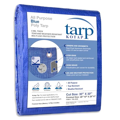 Kotap 30 x 30 ft All-Purpose Multi-Use Protection/Coverage 5-mil Poly Tarp, Waterproof, Blue, (TRA-3030)