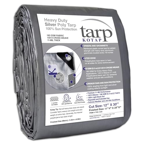 Kotap 12 x 30 Ft. Heavy-Duty Protection/Coverage Tarp, Superior Weave for Greater Longevity, 10-mil Multi-Use, Waterproof, TRS-1230, Silver (1-Pack)