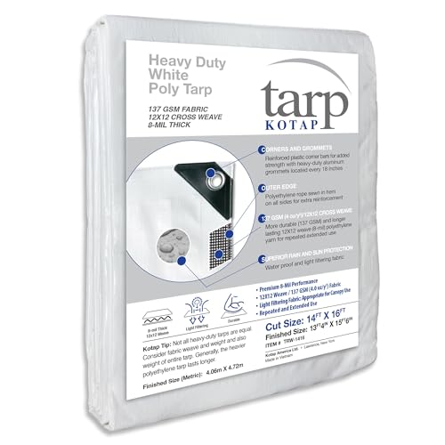 Kotap 14 x 16 Ft. Heavy-Duty Protection/Coverage Tarp, Superior Weave for Greater Longevity 8-mil, Multi-Use, Waterproof, White, 1-Pack (TRW-1416)
