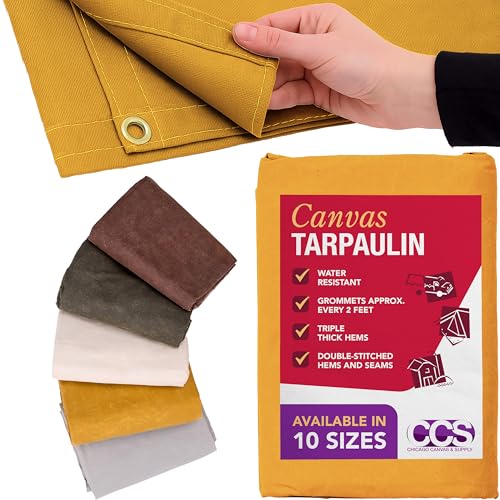 CCS Waterproof Canvas Tarp Cover  Heavy Duty Duck Cloth, Waxed Canvas Tarpaulin with Rustproof Brass Grommets for Camping, Construction, Equipment & Outdoor Use (Gold, 10x14 Ft)