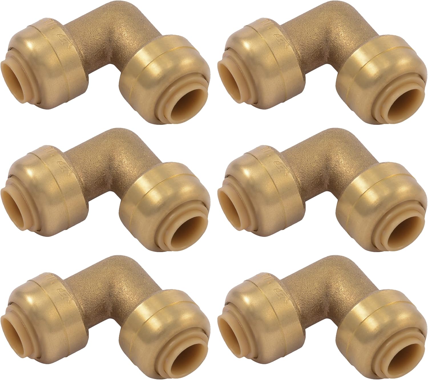 SharkBite 1/4 Inch (3/8 Inch OD) 90 Degree Elbow, Pack of 6, Push to Connect Brass Plumbing Fitting, PEX Pipe, Copper, CPVC, PE-RT, HDPE, U244LF