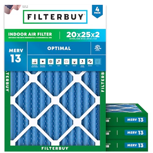 Filterbuy 20x25x2 Air Filter MERV 13 Optimal Smoke & Allergy Defense (4-Pack), Electrostatic Pleated HVAC AC Furnace Filters Replacement, Made in USA (Actual Size: 19.50 x 24.50 x 1.75)