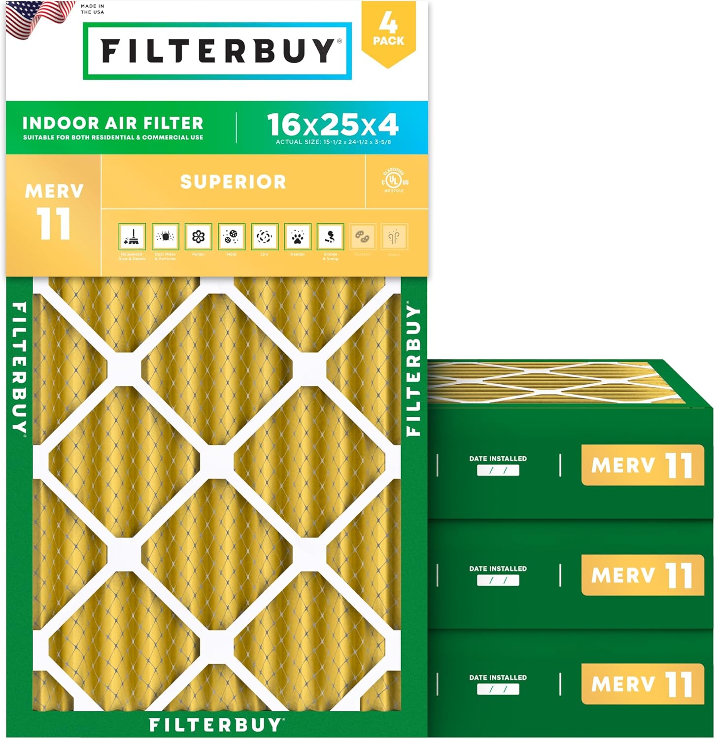 Filterbuy 16x25x4 Air Filter MERV 11 Superior Pet & Allergy Defense (4-Pack), Electrostatic Pleated HVAC AC Furnace Filters Replacement, Made in USA (Actual Size: 15.50 x 24.50 x 3.63)