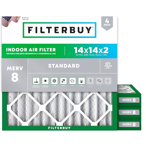 Filterbuy 14x14x2 Air Filter MERV 8 Essential Dust & Allergy Defense (4-Pack), Electrostatic Pleated HVAC AC Furnace Filters Replacement, Made in USA (Actual Size: 13.50 x 13.50 x 1.75)