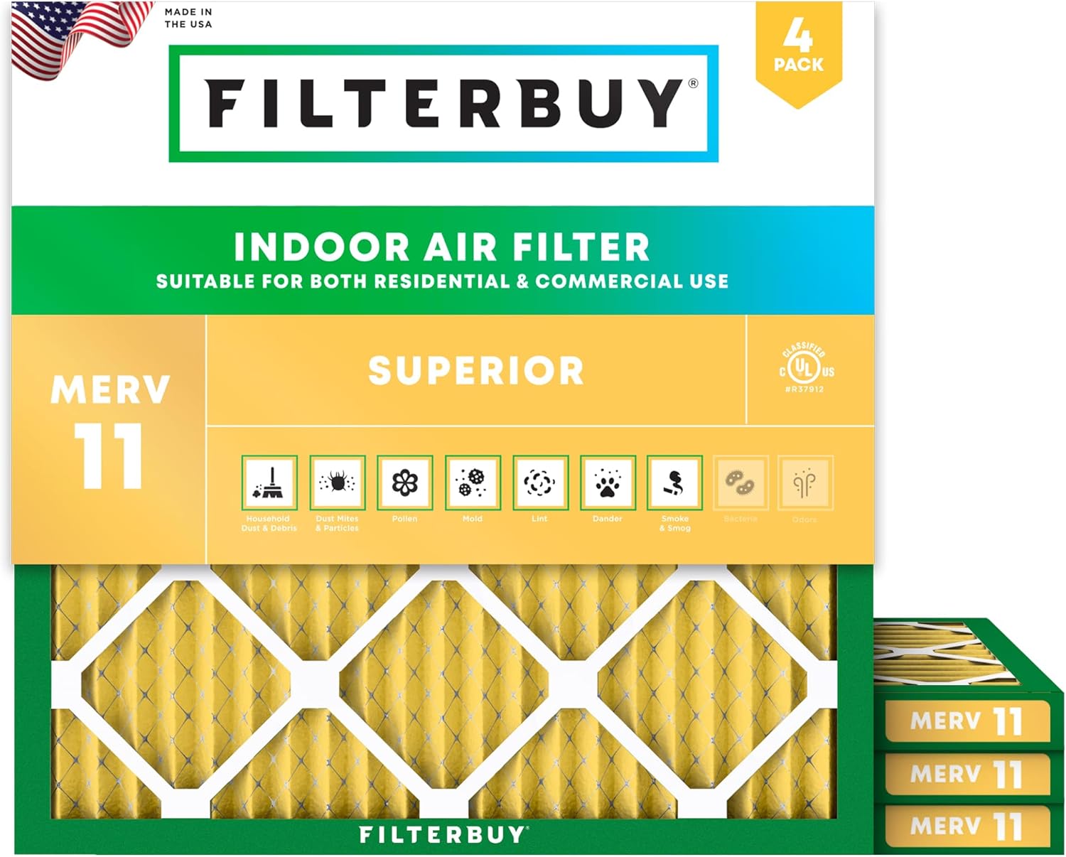 Filterbuy 22x22x1 Air Filter MERV 11 Superior Pet & Allergy Defense (4-Pack), Electrostatic Pleated HVAC AC Furnace Filters Replacement, Made in USA (Actual Size: 21.50 x 21.50 x 0.75)