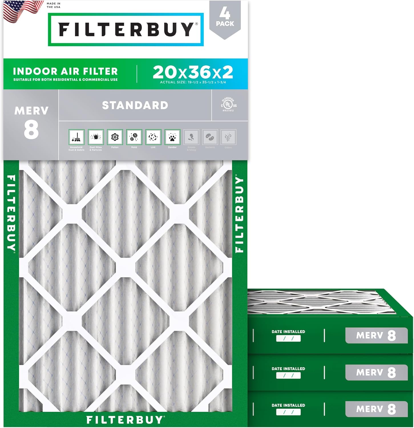 Filterbuy 20x36x2 MERV 8 (4-Pack)