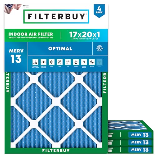 Filterbuy 17x20x1 Air Filter MERV 13 Optimal Smoke & Allergy Defense (4-Pack), Electrostatic Pleated HVAC AC Furnace Filters Replacement, Made in USA (Actual Size: 16.50 x 19.50 x 0.75)