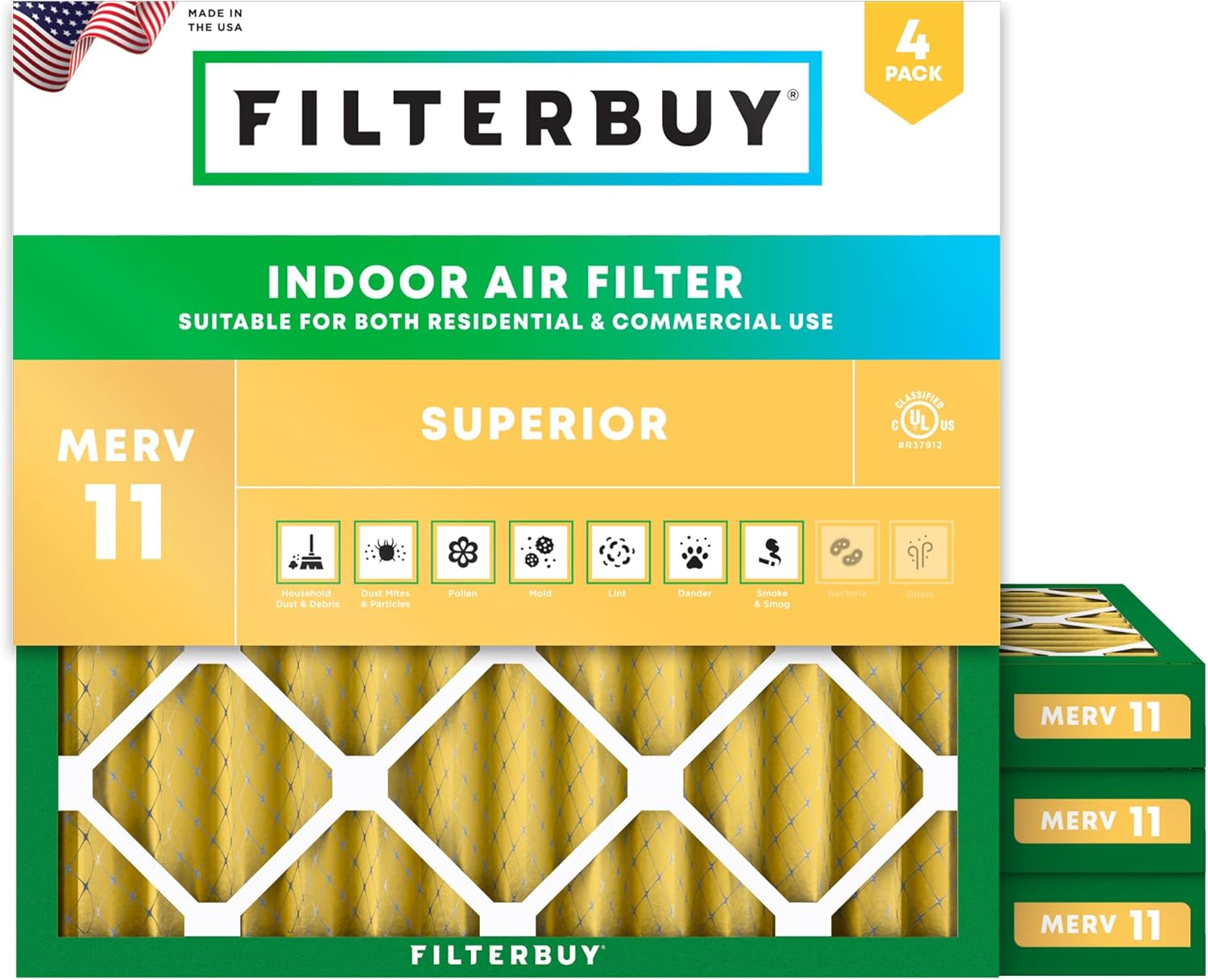Filterbuy 10x10x2 Air Filter MERV 11 Superior Pet & Allergy Defense (4-Pack), Electrostatic Pleated HVAC AC Furnace Filters Replacement, Made in USA (Actual Size: 9.50 x 9.50 x 1.75)