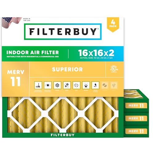 Filterbuy 16x16x2 Air Filter MERV 11 Superior Pet & Allergy Defense (4-Pack), Electrostatic Pleated HVAC AC Furnace Filters Replacement, Made in USA (Actual Size: 15.50 x 15.50 x 1.75)