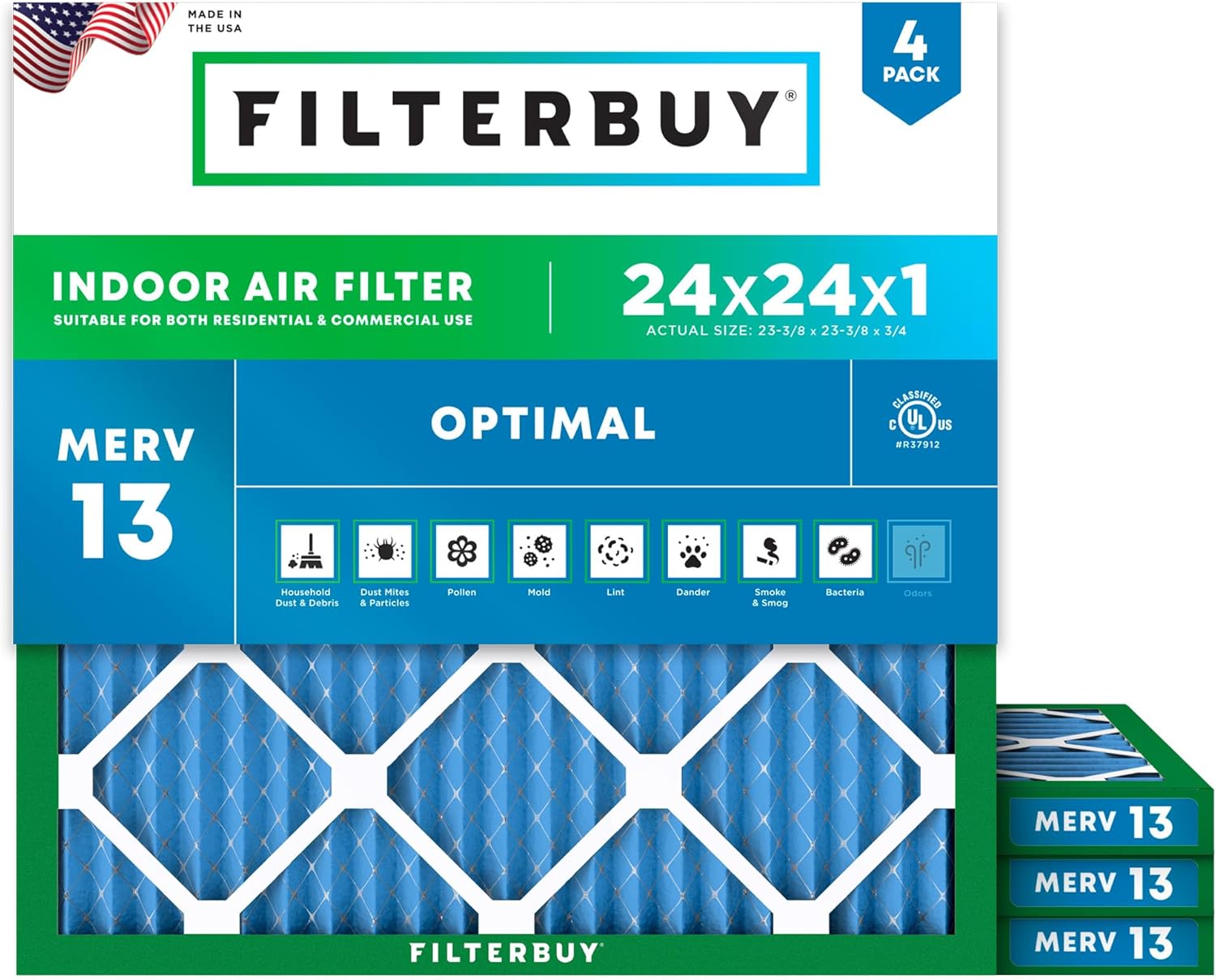 Filterbuy 24x24x1 Air Filter MERV 13 Optimal Smoke & Allergy Defense (4-Pack), Electrostatic Pleated HVAC AC Furnace Filters Replacement, Made in USA (Actual Size: 23.38 x 23.38 x 0.75)