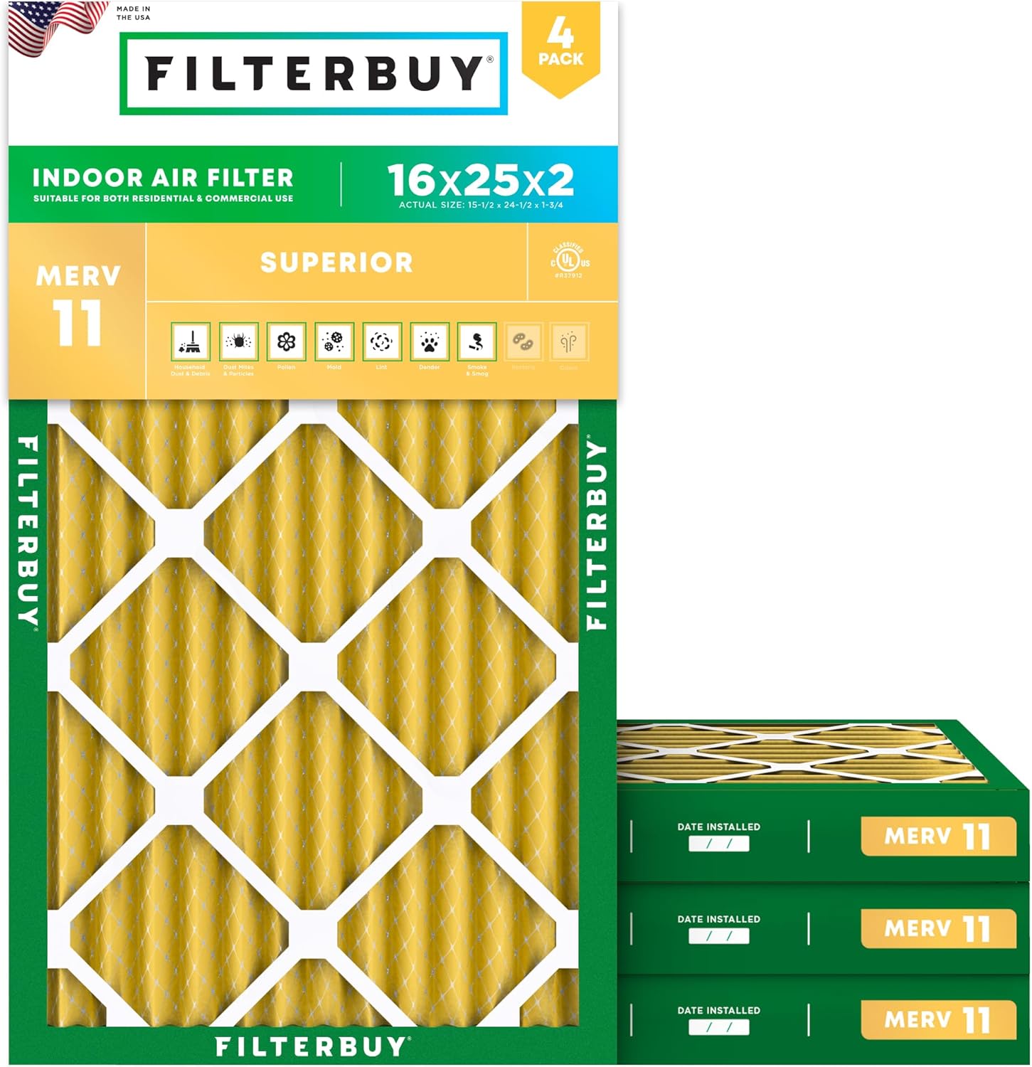 Filterbuy 16x25x2 MERV 11 (4-Pack)