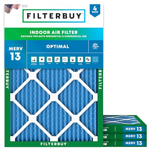 Filterbuy 28x30x1 Air Filter MERV 13 Optimal Smoke & Allergy Defense (4-Pack), Electrostatic Pleated HVAC AC Furnace Filters Replacement, Made in USA (Actual Size: 27.75 x 29.75 x 0.75)