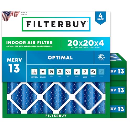 Filterbuy 20x20x4 Air Filter MERV 13 Optimal Smoke & Allergy Defense (4-Pack), Electrostatic Pleated HVAC AC Furnace Filters Replacement, Made in USA (Actual Size: 19.50 x 19.50 x 3.63)