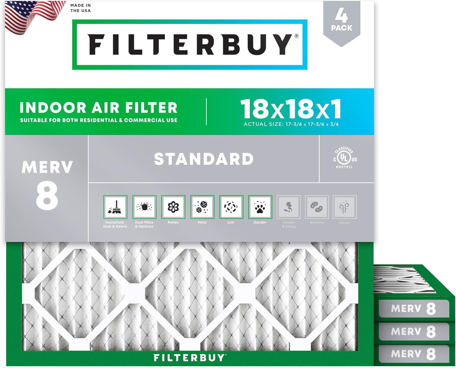 Filterbuy 18x18x1 MERV 8 (4-Pack)