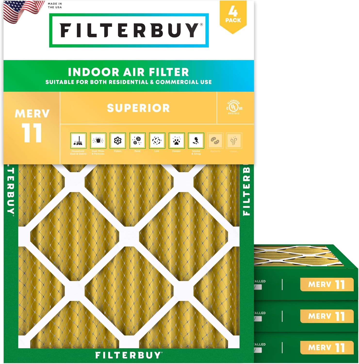Filterbuy 18x24x2 Air Filter MERV 11 Superior Pet & Allergy Defense (4-Pack), Electrostatic Pleated HVAC AC Furnace Filters Replacement, Made in USA (Actual Size: 17.38 x 23.38 x 1.75)