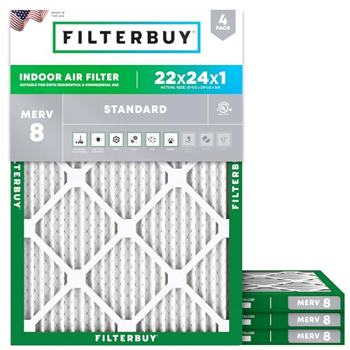 Filterbuy 22x24x1 Air Filter MERV 8 Essential Dust & Allergy Defense (4-Pack), Electrostatic Pleated HVAC AC Furnace Filters Replacement, Made in USA (Actual Size: 21.50 x 23.50 x 0.75)
