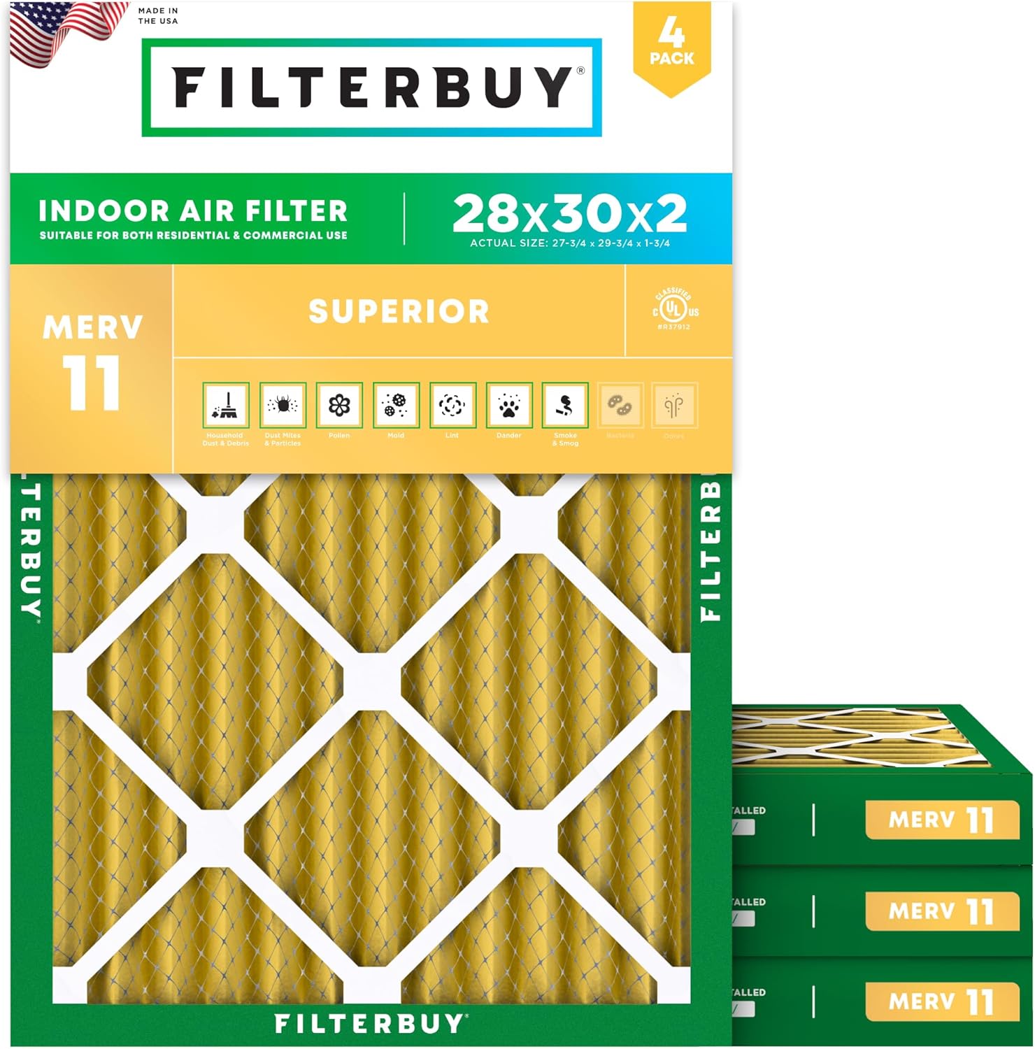 Filterbuy 28x30x2 Air Filter MERV 11 Superior Pet & Allergy Defense (4-Pack), Electrostatic Pleated HVAC AC Furnace Filters Replacement, Made in USA (Actual Size: 27.75 x 29.75 x 1.75)