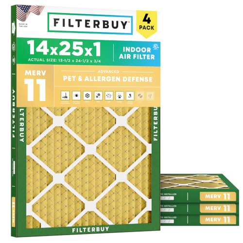 Filterbuy 14x25x1 Air Filter MERV 11 Superior Pet & Allergy Defense (4-Pack), Electrostatic Pleated HVAC AC Furnace Filters Replacement, Made in USA (Actual Size: 13.50 x 24.50 x 0.75)