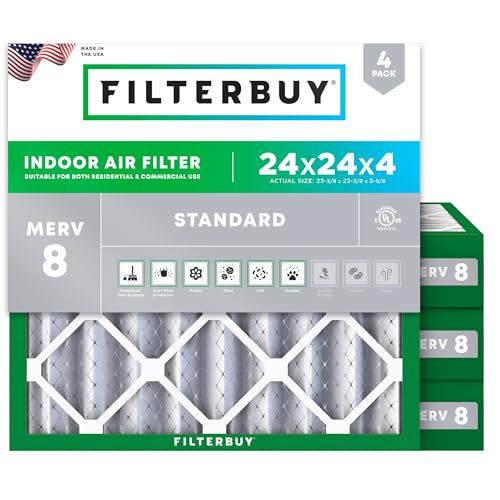 Filterbuy 24x24x4 Air Filter MERV 8 Essential Dust & Allergy Defense (4-Pack), Electrostatic Pleated HVAC AC Furnace Filters Replacement, Made in USA (Actual Size: 23.38 x 23.38 x 3.63)