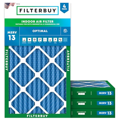 Filterbuy 14x24x2 Air Filter MERV 13 Optimal Smoke & Allergy Defense (4-Pack), Electrostatic Pleated HVAC AC Furnace Filters Replacement, Made in USA (Actual Size: 13.50 x 23.50 x 1.75)