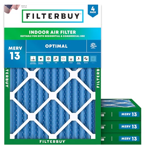 Filterbuy 15x20x2 Air Filter MERV 13 Optimal Smoke & Allergy Defense (4-Pack), Electrostatic Pleated HVAC AC Furnace Filters Replacement, Made in USA (Actual Size: 14.50 x 19.50 x 1.75)
