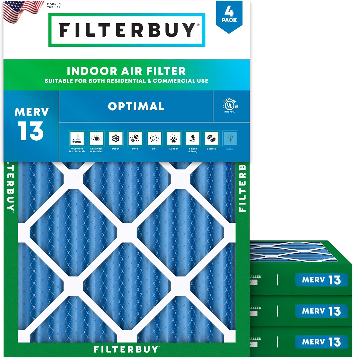 Filterbuy 18x24x2 Air Filter MERV 13 Optimal Smoke & Allergy Defense (4-Pack), Electrostatic Pleated HVAC AC Furnace Filters Replacement, Made in USA (Actual Size: 17.38 x 23.38 x 1.75)