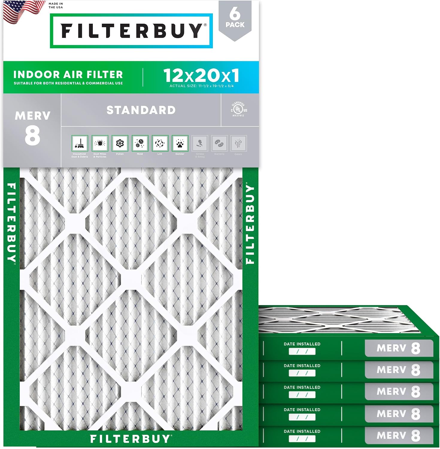 Filterbuy 12x20x1 Air Filter MERV 8 Essential Dust & Allergy Defense (6-Pack), Electrostatic Pleated HVAC AC Furnace Filters Replacement, Made in USA (Actual Size: 11.50 x 19.50 x 0.75)