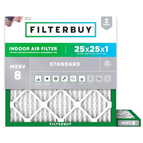 Filterbuy 25x25x1 Air Filter MERV 8 Essential Dust & Allergy Defense (2-Pack), Electrostatic Pleated HVAC AC Furnace Filters Replacement, Made in USA (Actual Size: 24.50 x 24.50 x 0.75)