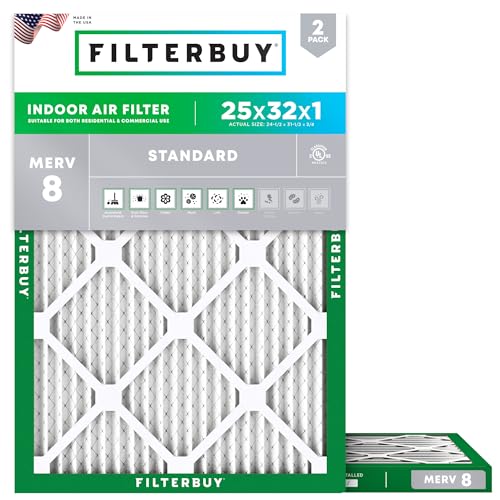 Filterbuy 25x32x1 Air Filter MERV 8 Essential Dust & Allergy Defense (2-Pack), Electrostatic Pleated HVAC AC Furnace Filters Replacement, Made in USA (Actual Size: 24.50 x 31.50 x 0.75)