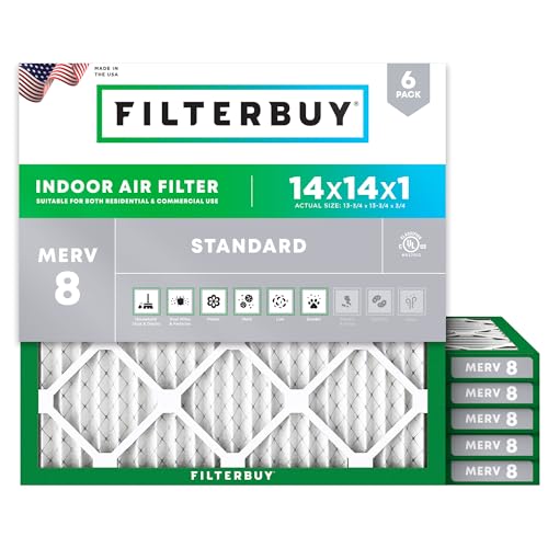 Filterbuy 14x14x1 Air Filter MERV 8 Essential Dust & Allergy Defense (6-Pack), Electrostatic Pleated HVAC AC Furnace Filters Replacement, Made in USA (Actual Size: 13.75 x 13.75 x 0.75)