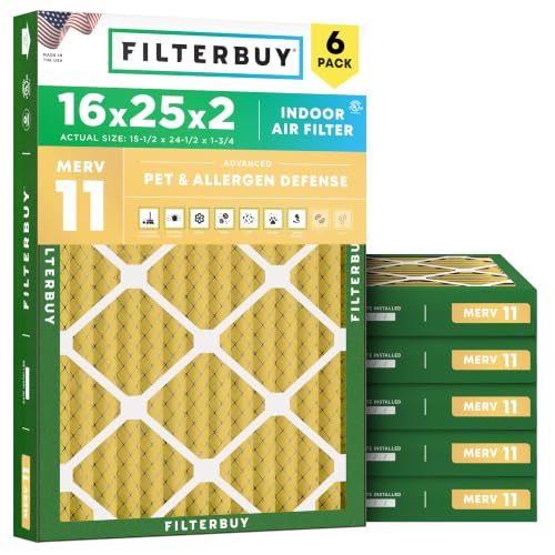 Filterbuy 16x25x2 Air Filter MERV 11 Superior Pet & Allergy Defense (6-Pack), Electrostatic Pleated HVAC AC Furnace Filters Replacement, Made in USA (Actual Size: 15.50 x 24.50 x 1.75)