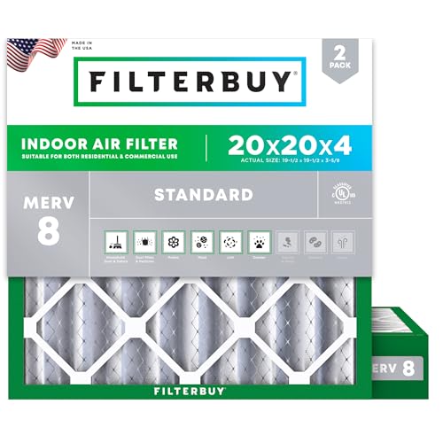 Filterbuy 20x20x4 Air Filter MERV 8 Essential Dust & Allergy Defense (2-Pack), Electrostatic Pleated HVAC AC Furnace Filters Replacement, Made in USA (Actual Size: 19.50 x 19.50 x 3.63)