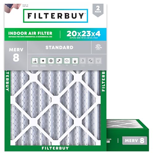 Filterbuy 20x23x4 Air Filter MERV 8 Essential Dust & Allergy Defense (2-Pack), Electrostatic Pleated HVAC AC Furnace Filters Replacement, Made in USA (Actual Size: 19.50 x 22.50 x 3.63)