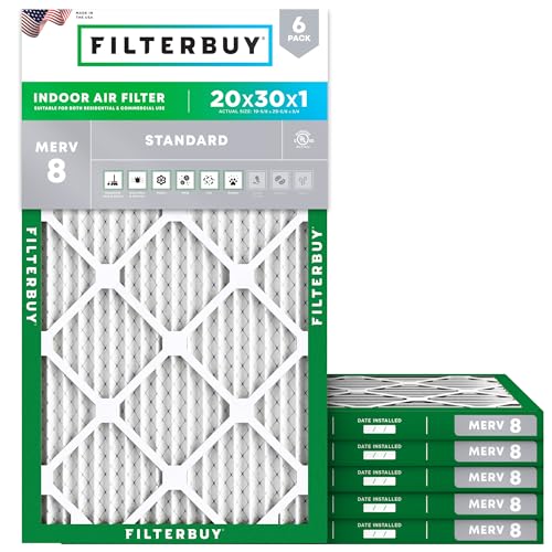Filterbuy 20x30x1 Air Filter MERV 8 Essential Dust & Allergy Defense (6-Pack), Electrostatic Pleated HVAC AC Furnace Filters Replacement, Made in USA (Actual Size: 19.63 x 29.63 x 0.75)