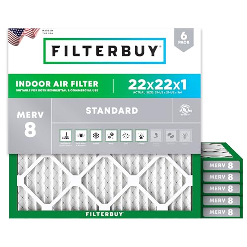 Filterbuy 22x22x1 Air Filter MERV 8 Essential Dust & Allergy Defense (6-Pack), Electrostatic Pleated HVAC AC Furnace Filters Replacement, Made in USA (Actual Size: 21.50 x 21.50 x 0.75)