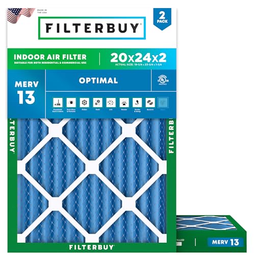 Filterbuy 20x24x2 Air Filter MERV 13 Optimal Smoke & Allergy Defense (2-Pack), Electrostatic Pleated HVAC AC Furnace Filters Replacement, Made in USA (Actual Size: 19.38 x 23.38 x 1.75)