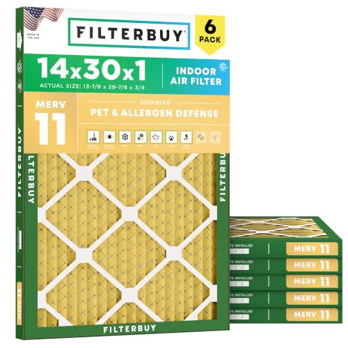 Filterbuy 14x30x1 Air Filter MERV 11 Superior Pet & Allergy Defense (6-Pack), Electrostatic Pleated HVAC AC Furnace Filters Replacement, Made in USA (Actual Size: 13.88 x 29.88 x 0.75)