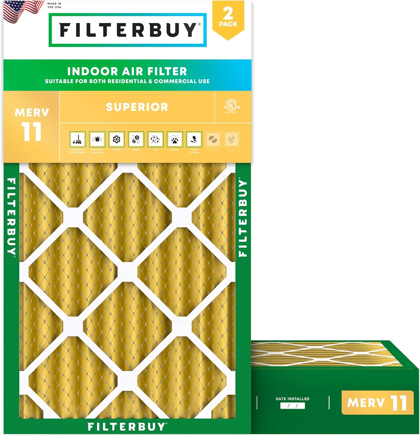 Filterbuy 14x25x4 Air Filter MERV 11 Superior Pet & Allergy Defense (2-Pack), Electrostatic Pleated HVAC AC Furnace Filters Replacement, Made in USA (Actual Size: 13.88 x 24.88 x 3.63)