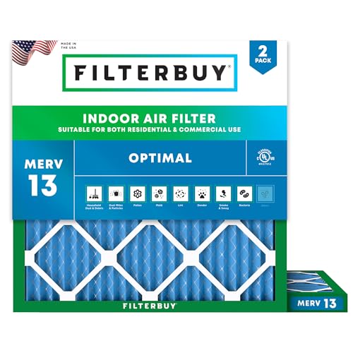Filterbuy 11.25x11.25x1 Air Filter MERV 13 Optimal Smoke & Allergy Defense (2-Pack), Electrostatic Pleated HVAC AC Furnace Filters Replacement, Made in USA (Actual Size: 11.25 x 11.25 x 0.75)
