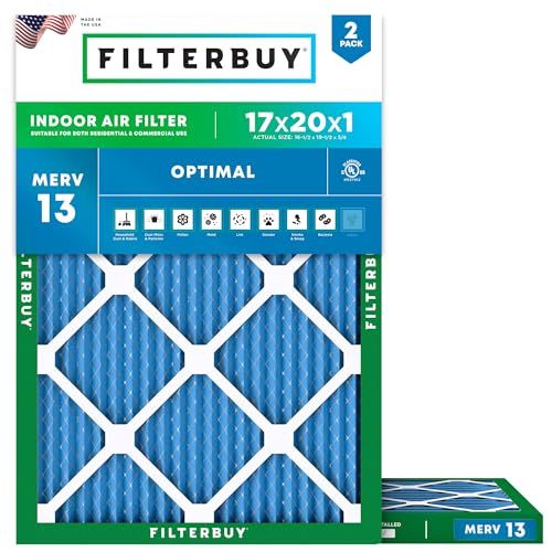 Filterbuy 17x20x1 Air Filter MERV 13 Optimal Smoke & Allergy Defense (2-Pack), Electrostatic Pleated HVAC AC Furnace Filters Replacement, Made in USA (Actual Size: 16.50 x 19.50 x 0.75)