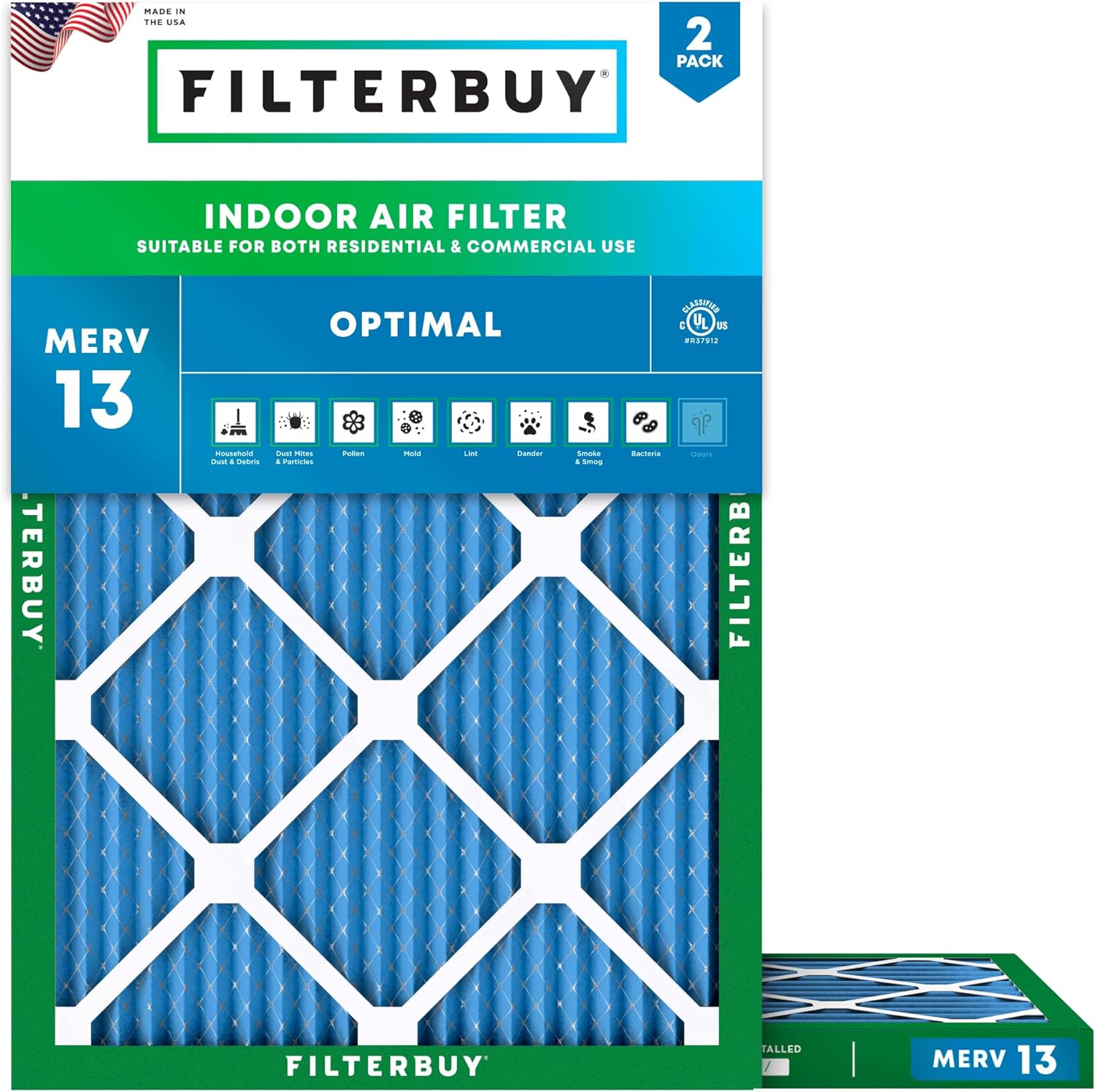 Filterbuy 18x25x1 Air Filter MERV 13 Optimal Smoke & Allergy Defense (2-Pack), Electrostatic Pleated HVAC AC Furnace Filters Replacement, Made in USA (Actual Size: 17.50 x 24.50 x 0.75)