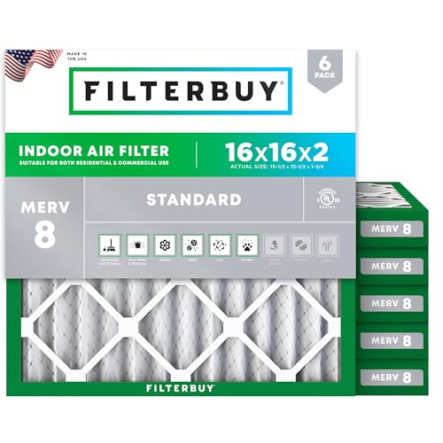 Filterbuy 16x16x2 Air Filter MERV 8 Essential Dust & Allergy Defense (6-Pack), Electrostatic Pleated HVAC AC Furnace Filters Replacement, Made in USA (Actual Size: 15.50 x 15.50 x 1.75)