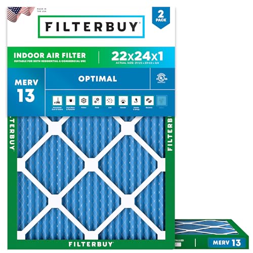 Filterbuy 22x24x1 Air Filter MERV 13 Optimal Smoke & Allergy Defense (2-Pack), Electrostatic Pleated HVAC AC Furnace Filters Replacement, Made in USA (Actual Size: 21.50 x 23.50 x 0.75)
