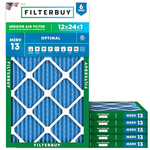 Filterbuy 12x24x1 Air Filter MERV 13 Optimal Smoke & Allergy Defense (6-Pack), Electrostatic Pleated HVAC AC Furnace Filters Replacement, Made in USA (Actual Size: 11.50 x 23.50 x 0.75)