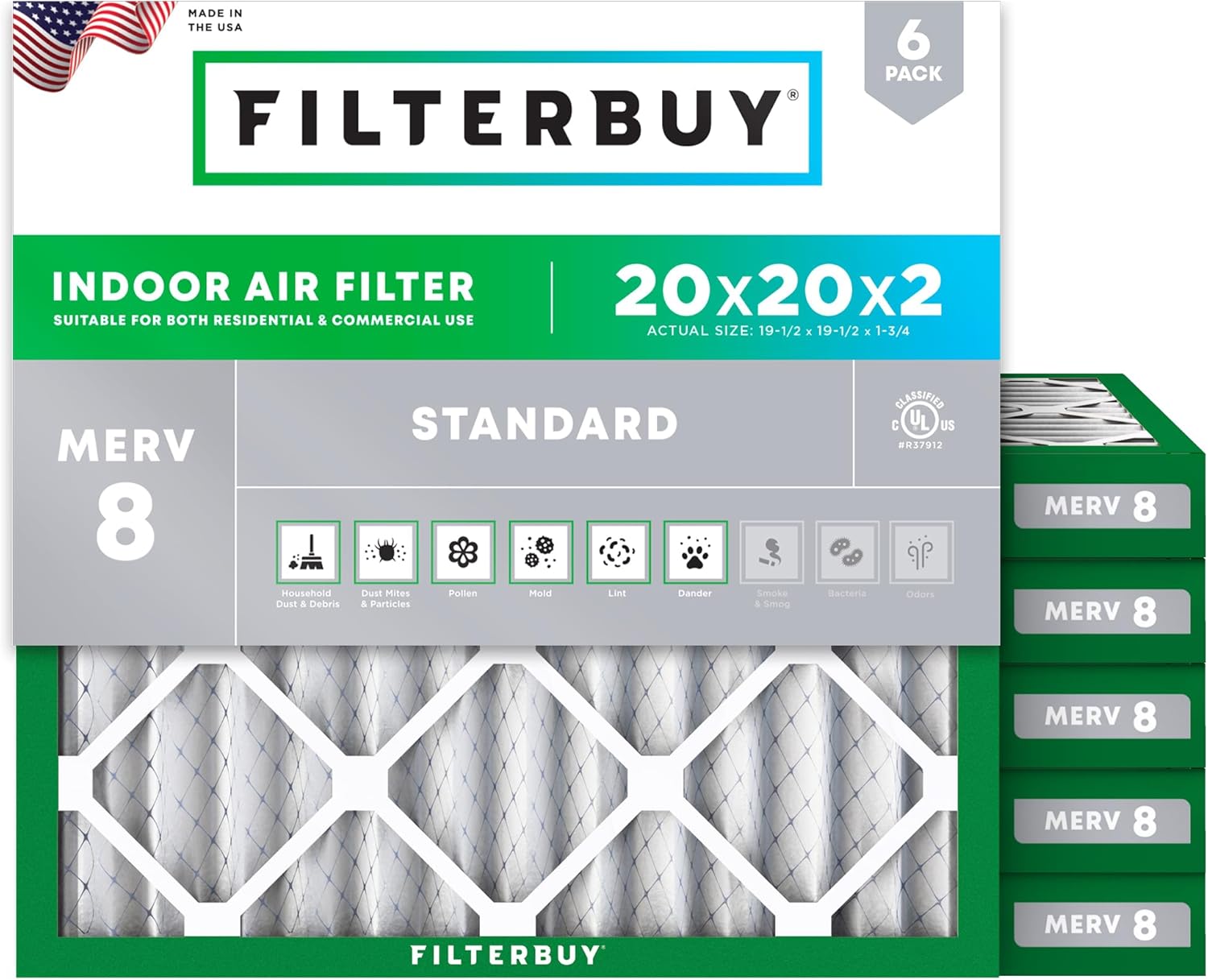 Filterbuy 20x20x2 Air Filter MERV 8 Essential Dust & Allergy Defense (6-Pack), Electrostatic Pleated HVAC AC Furnace Filters Replacement, Made in USA (Actual Size: 19.50 x 19.50 x 1.75)
